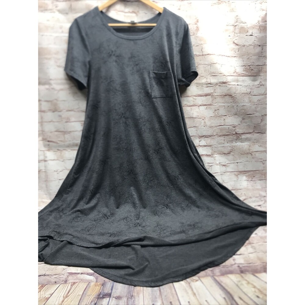LuLaRoe TeeShirt Dress Size M High Low Gray Floral Chest Pocket Crew Neck